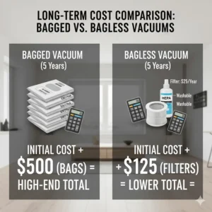 A chart comparing the long-term maintenance costs of purchasing vacuum bags versus replacing bagless vacuum filters.