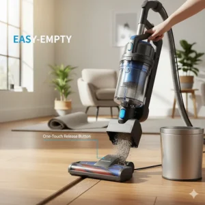 Graphic showing the one-touch bottom-empty dust bin of an upright bagless vacuum.