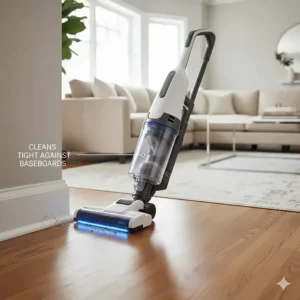 Illustration demonstrating a bagless upright vacuum cleaning tightly against baseboards and corners.