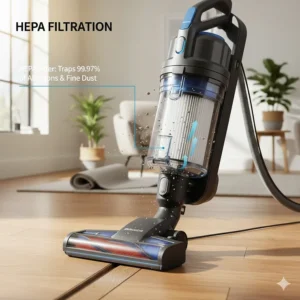 Technical drawing of a HEPA filter trapping dust and allergens inside a bagless vacuum.