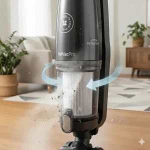 A sealed HEPA filtration system in an upright vacuum capturing 99% of pet dander and allergens.