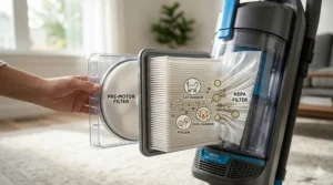 Diagram of a HEPA filtration system trapping 99.9% of pet allergens and dust inside an upright vacuum.