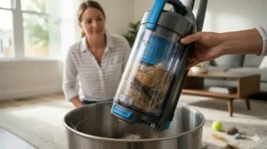 Illustration of an easy-empty, large-capacity dust bin filled with pet fur and debris.