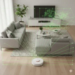Illustration of a robot vacuum emitting Lidar laser pulses to create a precise 2D map of a room's layout.