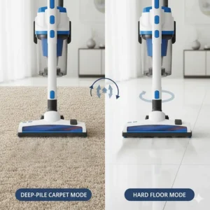 Comparison graphic showing the vacuum adjusting height for deep-pile carpet versus tile flooring.