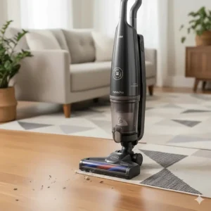A versatile upright vacuum transitioning seamlessly from a mahogany hardwood floor to a decorative area rug.