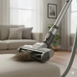 Specialized turbo brush tool attachment for removing pet hair from upholstery and stairs.