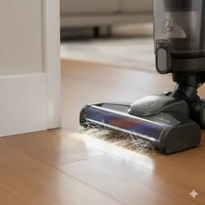 An upright vacuum suctioning thick pet hair from the junction of a hardwood floor and a baseboard.