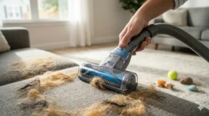 A specialized turbo tool attachment removing cat hair from a fabric sofa or upholstery.