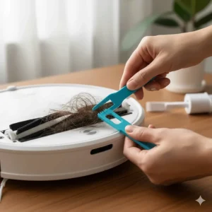 Diagram showing how to use a cleaning tool to cut hair and threads from a robot vacuum's main brush roll.