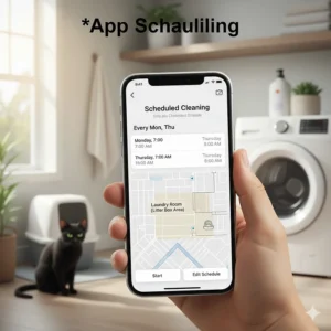Smartphone screen showing a scheduled cleaning routine for the laundry room where the litter box is kept.