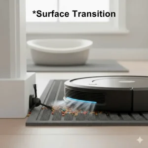 Robot vacuum transitioning from tile to a litter mat to clean tracked-out debris.