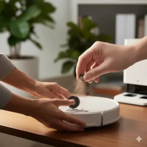 A detailed view of removing the front swivel wheel to extract trapped hair and grit.