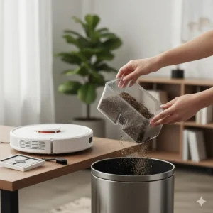 An illustration showing how to properly remove and empty a robot vacuum dustbin to maintain suction power.