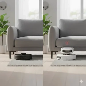 Illustration comparing the low profile of a camera vacuum to the taller laser turret on a Lidar robot vacuum.