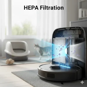 Diagram of a robot vacuum HEPA filter capturing fine dust and odors from a cat litter box area.