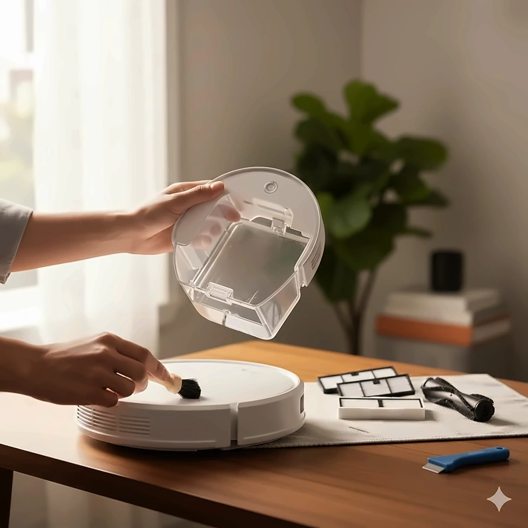 A person performing routine robot vacuum maintenance by cleaning sensors and emptying the dustbin. robot vacuum maintenance tips