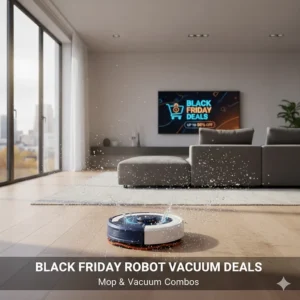 A 2-in-1 robot vacuum and mop hybrid cleaning hardwood floors during a holiday sale.