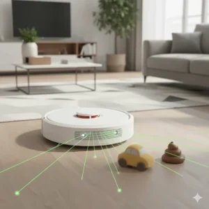 A Lidar-equipped robot vacuum detecting and avoiding small household objects with high-precision sensors.