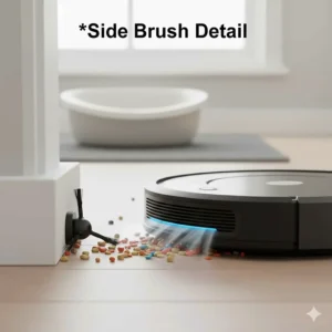 A spinning side brush sweeping cat litter away from baseboards into the vacuum's suction path.