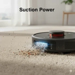 Illustration showing high-suction robot vacuum picking up heavy cat litter granules from a rug.