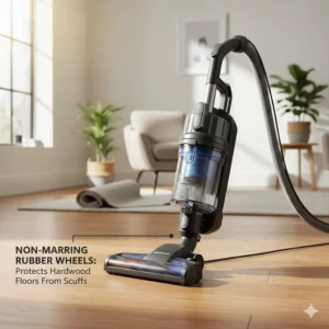 Detailed view of non-marring rubber wheels that protect hardwood floors from scuffs.