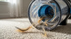 Illustration showing powerful suction lifting embedded pet hair and dander from deep carpet fibers.