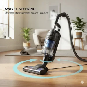Illustration of an upright vacuum maneuvering around furniture on a hardwood surface.