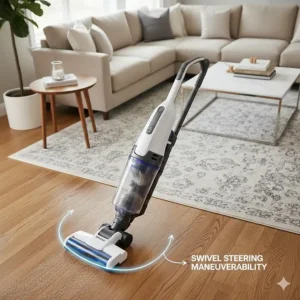 Top-down view illustration showing the swivel steering capabilities of a bagless upright vacuum around furniture.