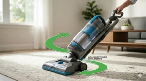 Demonstration of swivel steering maneuverability for cleaning pet messes around furniture legs.