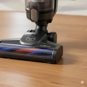 Close-up of soft microfiber brush rolls on an upright vacuum designed to prevent scratching hardwood floors.