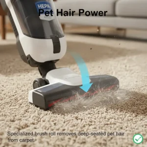 Illustration of a specialized brush roll removing deep-seated pet hair from carpet fibers.