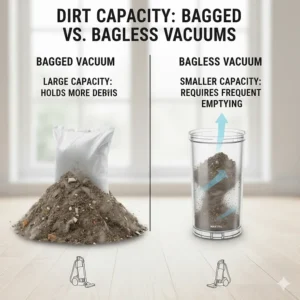 Visual representation of the larger dirt capacity of a vacuum bag compared to the smaller volume of a standard bagless canister.