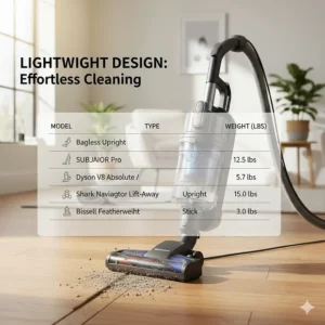 Comparison chart showing the lightweight design of various bagless upright vacuum models.