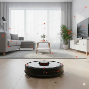 A robot vacuum using V-SLAM camera technology to identify visual landmarks for indoor positioning.
