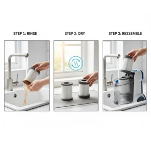 Instructional illustration showing how to rinse and dry reusable foam filters for a bagless model.