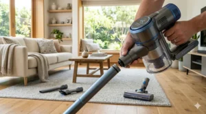 A user disconnecting the wand of a long battery cordless stick vacuum to switch into a portable handheld cleaning mode.