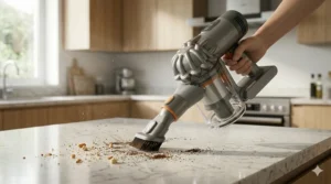 A close-up photorealistic image of a grey and orange cordless stick vacuum converted into a handheld model, cleaning spilled crumbs from a polished quartz kitchen counter.