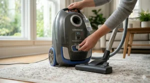 A user adjusting the suction settings on a compact vacuum to clean a delicate area rug.