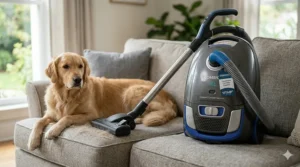 An affordable canister vacuum removing pet hair from an upholstered sofa using a turbo brush.