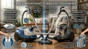 An infographic comparing the dust containment of a bagged canister vacuum versus a bagless model.