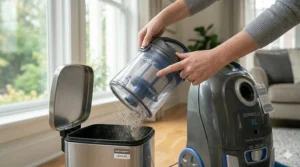 Emptying the easy-to-clean dust bin of a bagless compact canister vacuum under $200.
