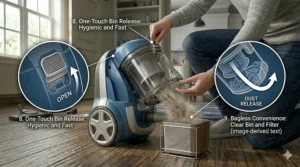One-touch button release for emptying the dust bin of a bagless compact canister vacuum.