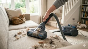 A mini-turbo tool attachment removing stubborn pet hair from a fabric sofa, demonstrating the vacuum's suction power.