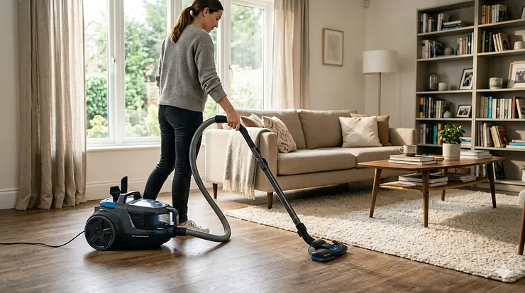A high-performance canister vacuum being used to clean a hardwood floor near a plush area rug, showcasing its versatile cleaning heads. best canister vacuum