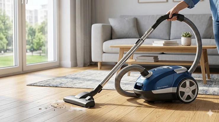 A lightweight compact canister vacuum with attachments displayed on a hardwood floor.