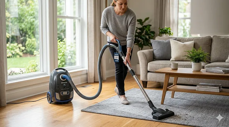 A person easily carrying a lightweight, compact canister vacuum cleaner while cleaning a modern living room. compact canister vacuum under $200