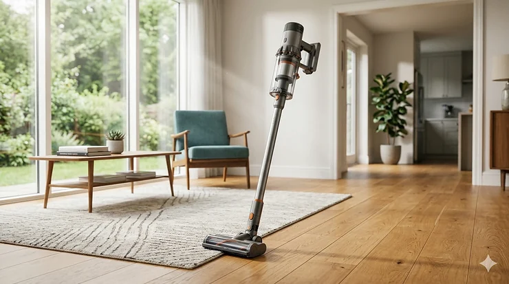 A sleek, modern cordless stick vacuum standing upright in a brightly lit living room with hardwood floors.