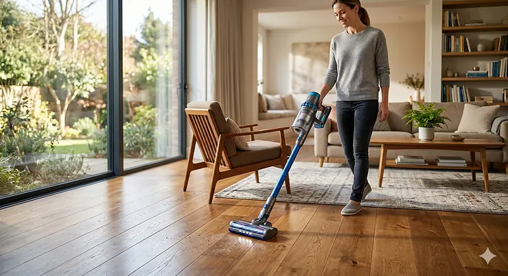 A photorealistic wide-angle view of a modern cordless stick vacuum cleaning natural oak hardwood floors in a sunlit living room. cordless stick vacuum for hardwood floors