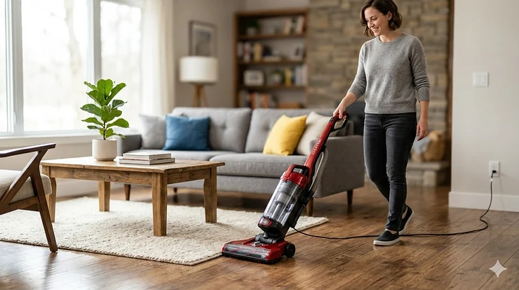A person easily maneuvering a sleek, lightweight upright vacuum under $200 on a hardwood floor in a bright living room.